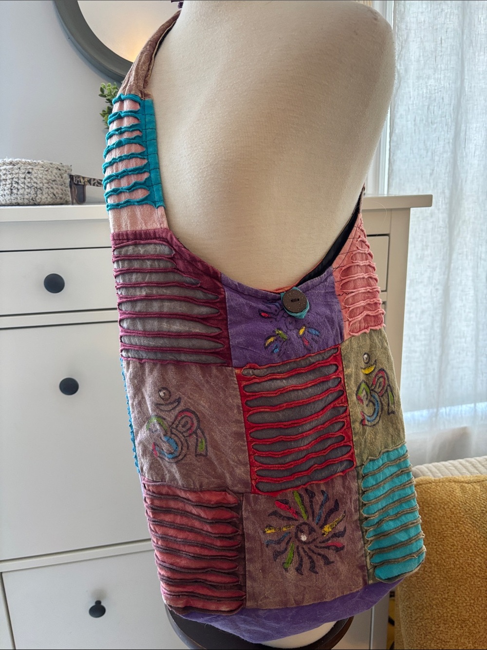 Colorful Boho Patchwork Shoulder Bag in Pink, Purple & Teal